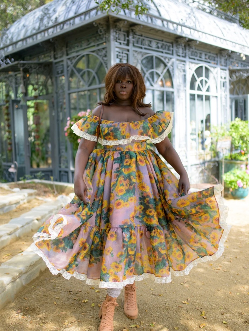 Selkie Sunflower Off-Shoulder Midi Dress in Yellow and Green - Picture 2 of 5
